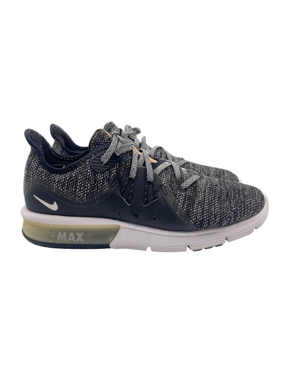Nike Air Max Sequent 3 Athletic Sneakers Size 7 Womens Black White Gold Running